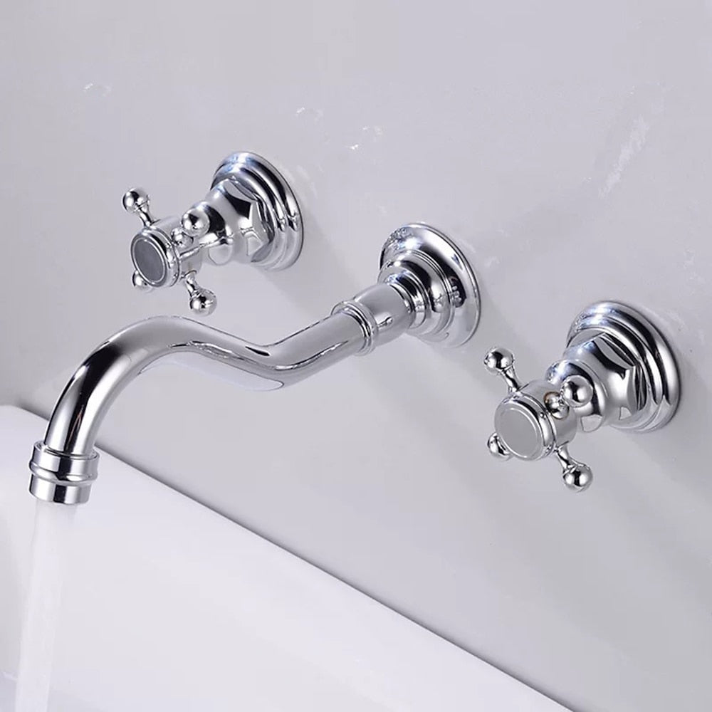 360-Degree Swivel Spout Wall-Mount Bathroom Faucet, Traditional Dual Cross Handle Brass Faucet, Antique Brass / Matte Black / Chrome / Matte White