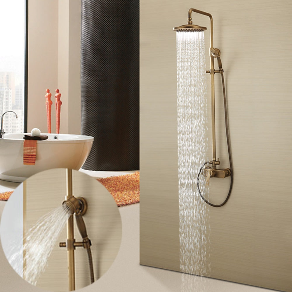 Antique Brass Wall-Mounted Shower System, Rainfall Shower System with Handheld Shower