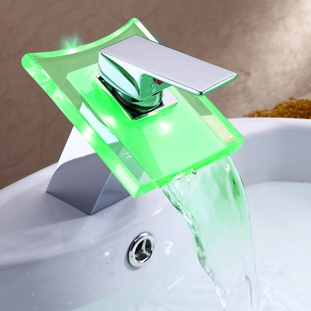 LED Waterfall Chrome Bathroom Faucet, Single-Hole Single-Handle Brass Faucet