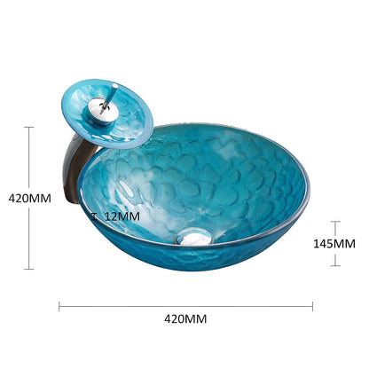 Blue Tempered Glass Vessel Sink with Chrome Waterfall Faucet, Modern Single-Hole Bathroom Vanity Basin Set with Pop-Up Drain