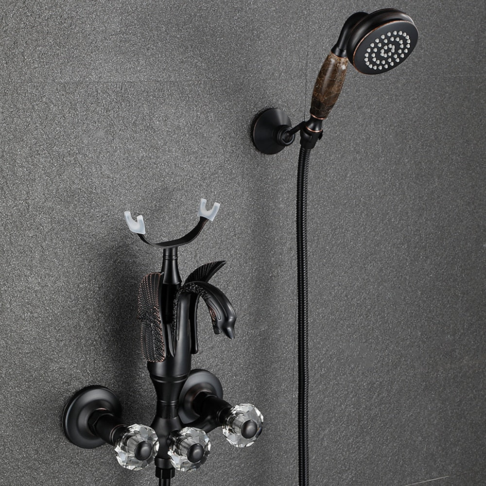 Swan Spout Wall-Mount Bathtub Faucet, Dual-Handle Tub Filler with Handheld Shower, Antique Brass / Matte Black / Chrome / Polished Gold