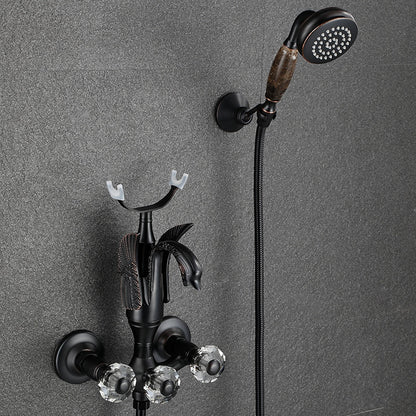 Swan Spout Wall-Mount Bathtub Faucet, Dual-Handle Tub Filler with Handheld Shower, Antique Brass / Matte Black / Chrome / Polished Gold