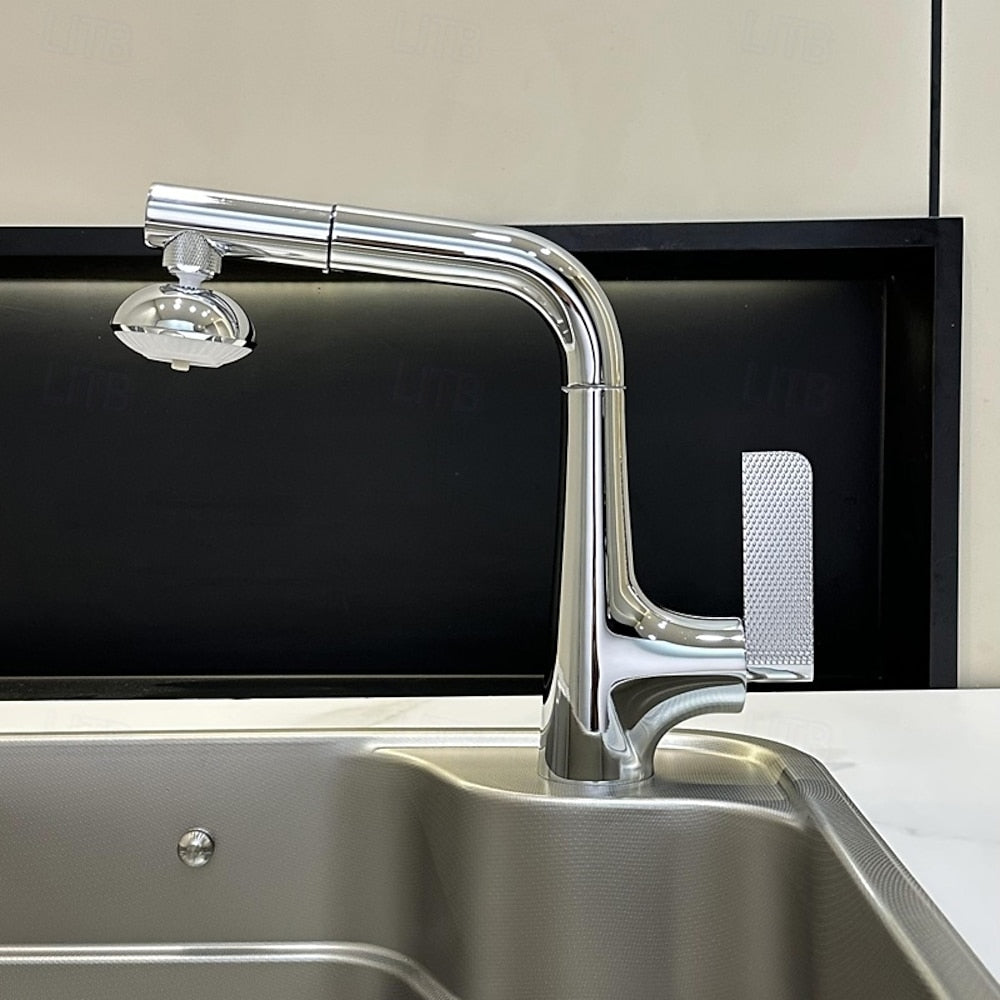 Modern Single-Hole Pull-Out Kitchen Faucet, Single-Handle Multi-Function Faucet, Gray / Silver / White / Multi