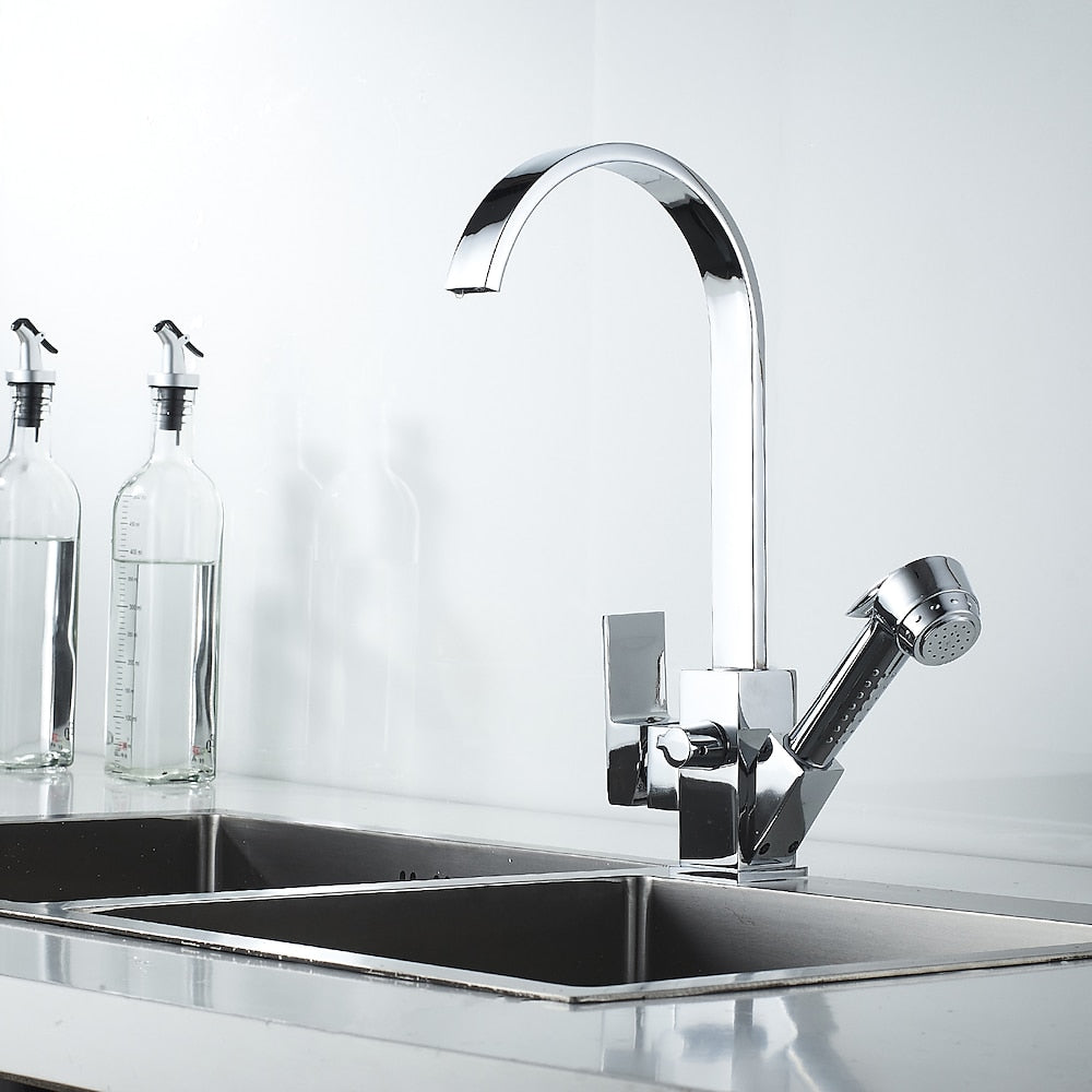 Chrome Pull-Out Sprayer Kitchen Faucet, Modern Single-Handle High Arc Faucet