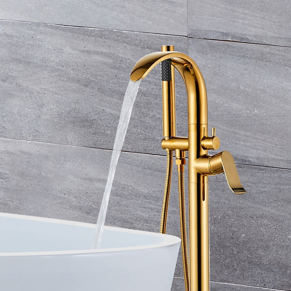 Brushed Gold Freestanding Tub Filler, Single-Handle Brass Faucet with Handheld Shower