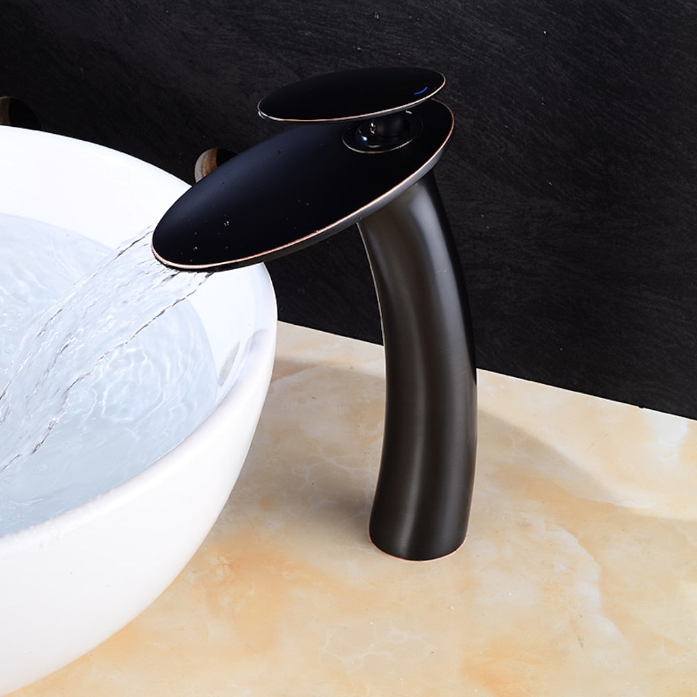 Modern Waterfall Bathroom Faucet, Single-Handle Brass Faucet, Matte Black / Chrome / Brushed Nickel / Brushed Gold / Polished Gold / Rose Gold / Oil-Rubbed Bronze / Venetian Bronze / Gunmetal / Matte White / Copper / Painted / Powder Coated
