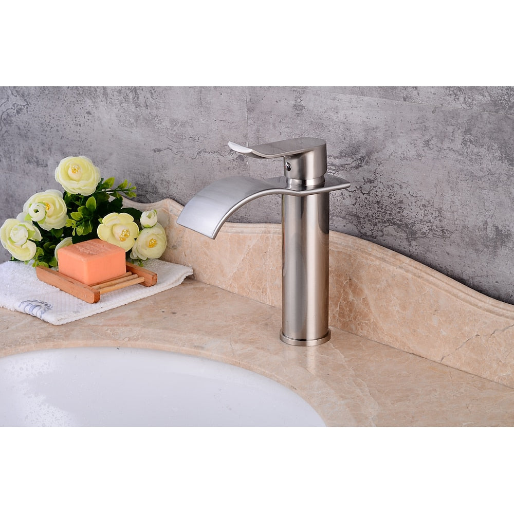 Waterfall Brushed Nickel Bathroom Faucet, Single-Hole Single-Handle Brass Faucet
