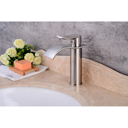 Waterfall Brushed Nickel Bathroom Faucet, Single-Hole Single-Handle Brass Faucet