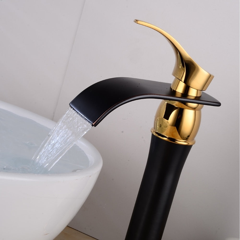 Modern Waterfall Vessel Sink Faucet, Two-Tone Matte Black Gold Single-Handle Faucet
