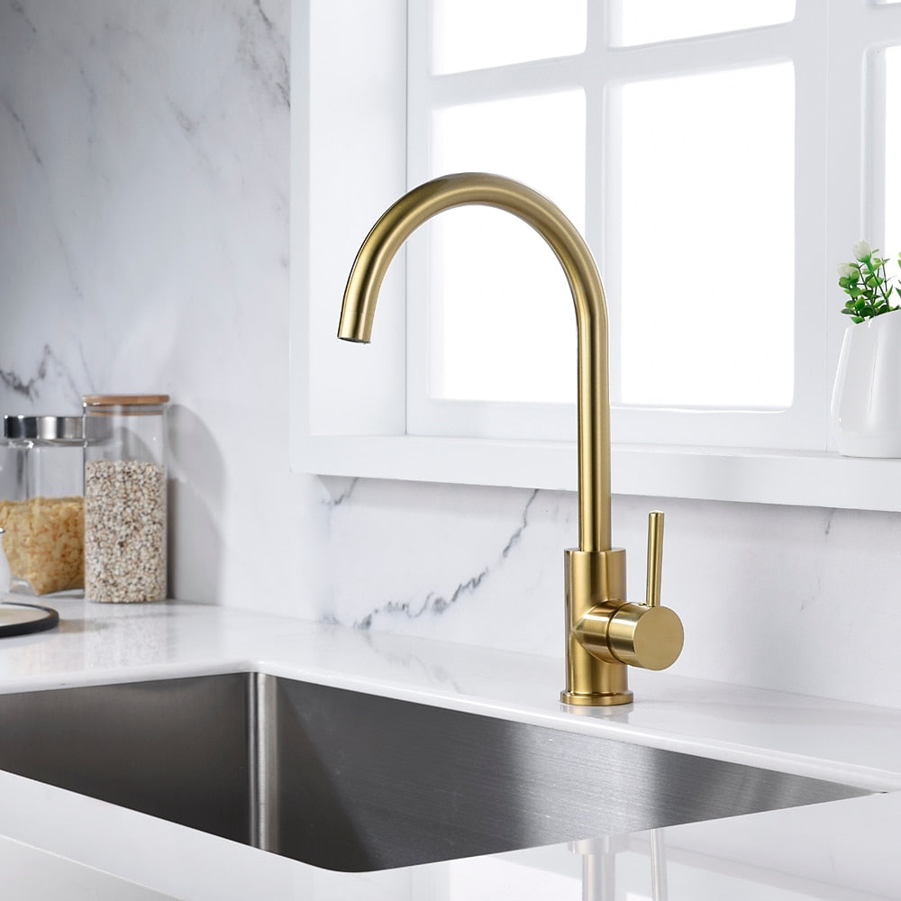 Brushed Gold 360-Degree Swivel Kitchen Faucet, Single-Handle High Arc Faucet