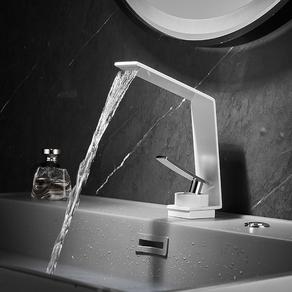 Waterfall Single-Hole Bathroom Faucet, Single-Handle Brass Faucet, Matte Black / Matte White / Chrome / Gunmetal