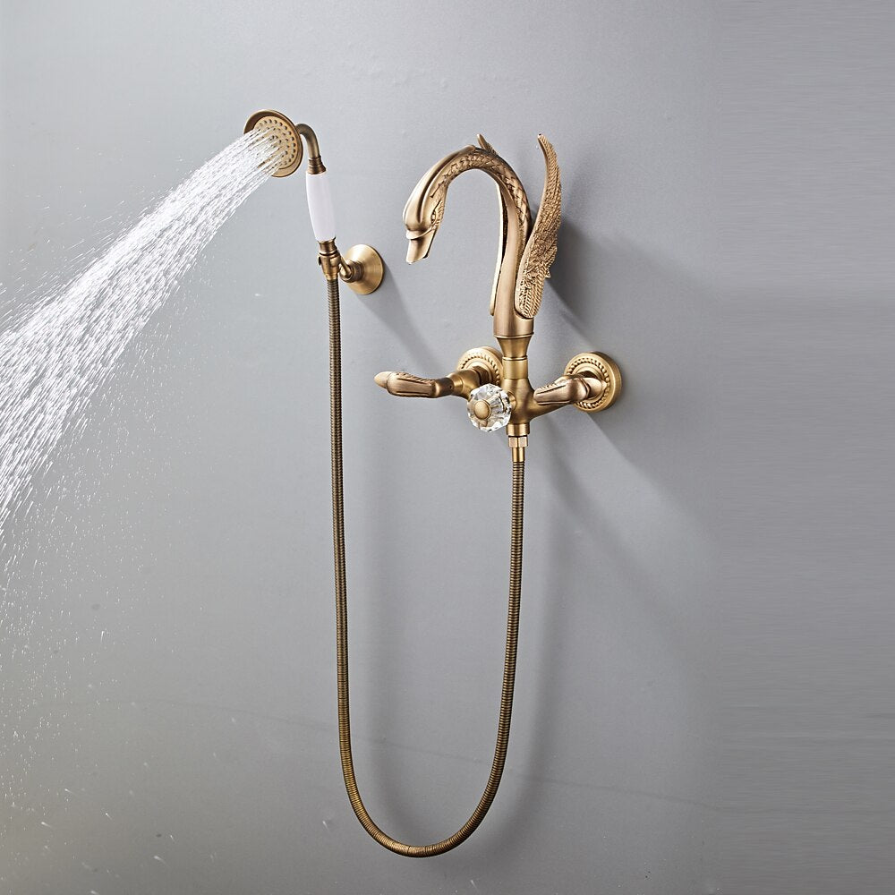 Vintage Swan-Shaped Brass Tub Filler Faucet, Wall-Mount Dual-Handle Bathtub Faucet with Handheld Shower, Antique Brass / Matte Black / Chrome / PVD