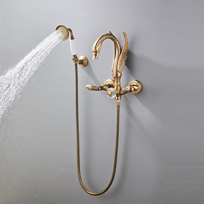 Vintage Swan-Shaped Brass Tub Filler Faucet, Wall-Mount Dual-Handle Bathtub Faucet with Handheld Shower, Antique Brass / Matte Black / Chrome / PVD