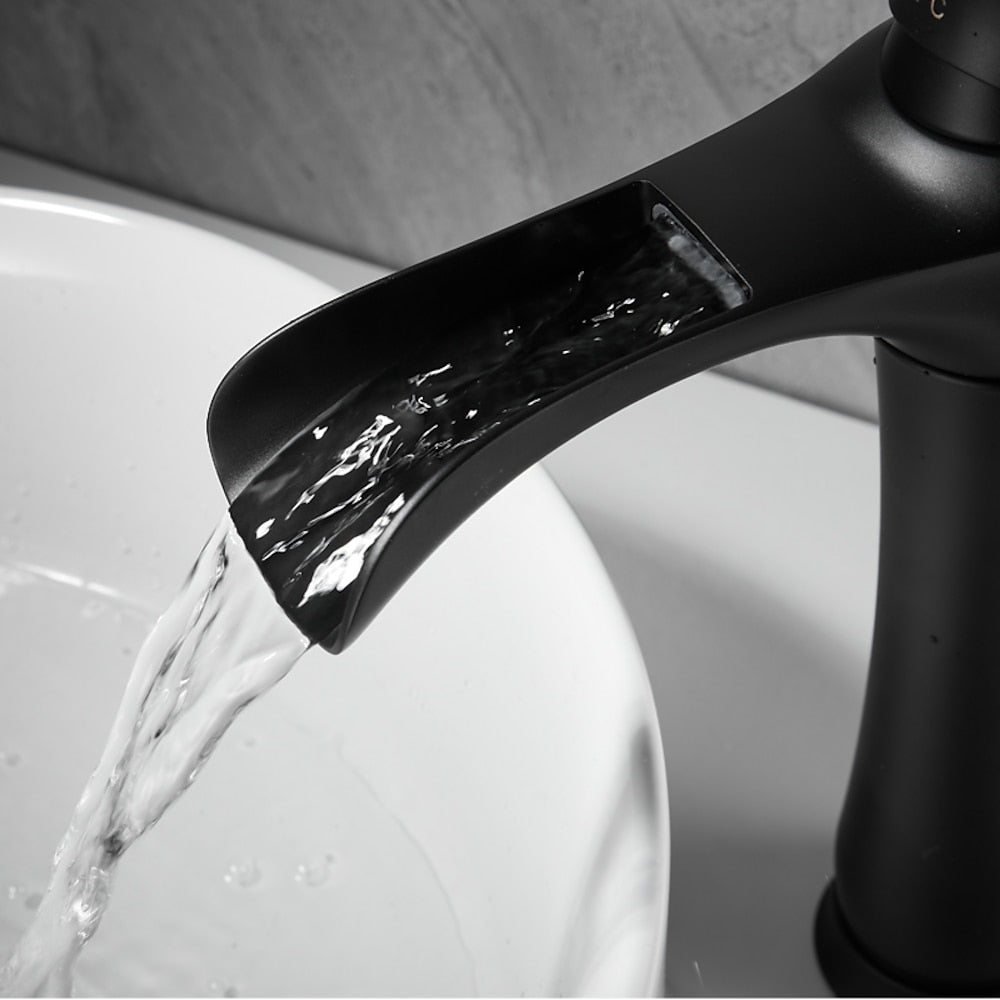 Matte Black Waterfall Vessel Bathroom Faucet, Single-Handle Single-Hole Basin Faucet