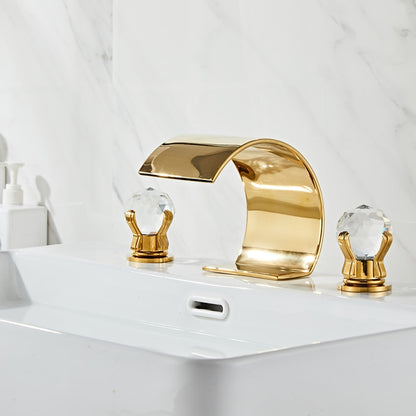 Waterfall Widespread Bathroom Faucet, 3-Hole Dual Crystal Knob Handle Faucet, Chrome / Matte Black / Polished Gold / Brushed Nickel