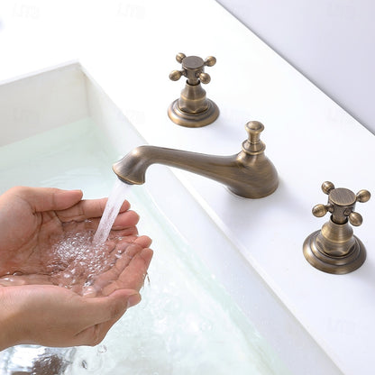 Antique Brass Traditional Widespread Bathroom Faucet, Dual Cross Handles 3-Hole Basin Tap