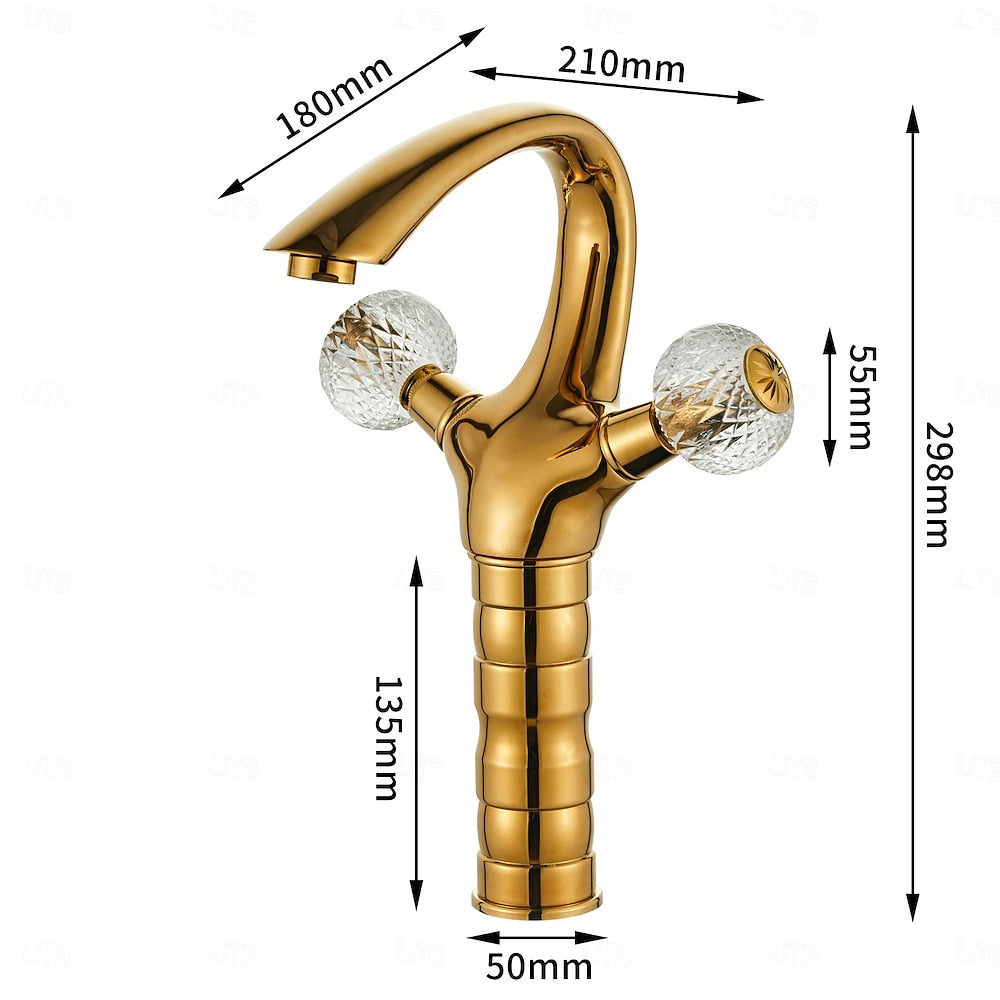 Polished Gold Single-Hole Bathroom Faucet, Modern Dual-Handle Faucet with Crystal Knob Handles