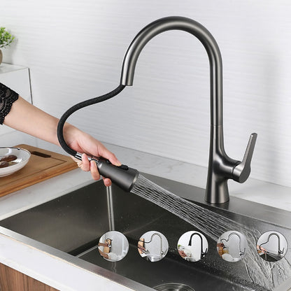 Modern Pull-Down Kitchen Faucet, Single-Handle High Arc Brass Faucet, Matte Black / Chrome / Brushed Nickel / Matte White / Gunmetal