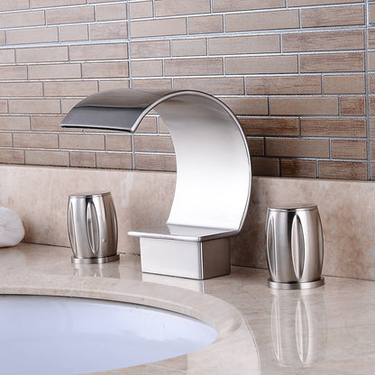 Brushed Nickel Widespread Bathroom Faucet, Contemporary 3-Hole Faucet, Double-Handle Waterfall Spout Faucet