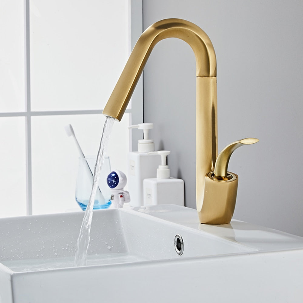 Modern Single-Hole Waterfall Bathroom Faucet, Single-Handle Swivel Spout Faucet, Matte Black / Brushed Gold / Chrome