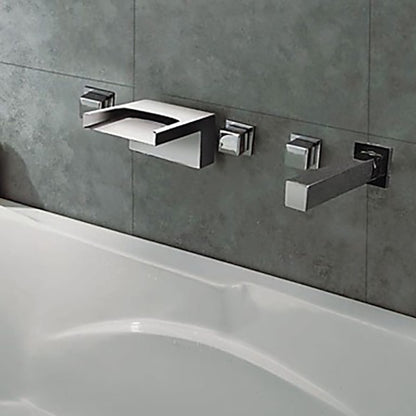 Chrome LED Waterfall Wall-Mount Tub Faucet, 3-Handle Brass Valve Bathtub Faucet with Handheld Shower