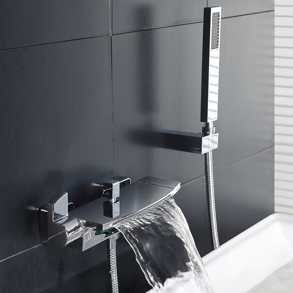 Waterfall Wall-Mount Tub Filler, Modern Brass Dual-Handle Bathtub Faucet with Handheld Shower, Chrome / Matte Black