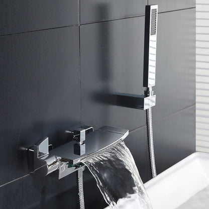 Waterfall Wall-Mount Tub Filler, Modern Brass Dual-Handle Bathtub Faucet with Handheld Shower, Chrome / Matte Black