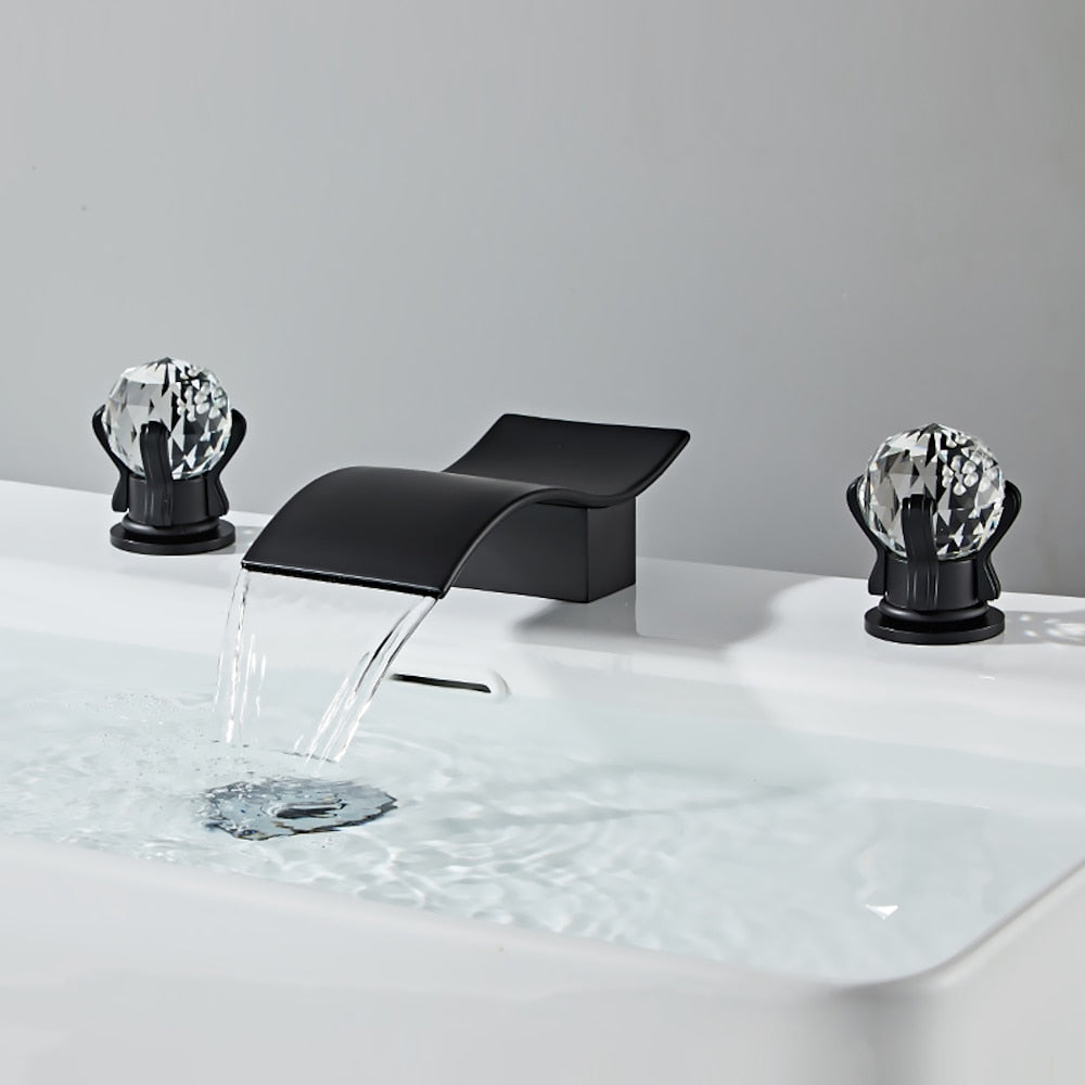 Waterfall Widespread Bathroom Sink Faucet, Double Crystal Knob Handle Deck Mounted Faucet, Matte Black / Chrome / Brushed Gold / Brushed Nickel / Gunmetal / PVD