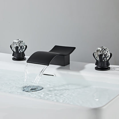 Waterfall Widespread Bathroom Sink Faucet, Double Crystal Knob Handle Deck Mounted Faucet, Matte Black / Chrome / Brushed Gold / Brushed Nickel / Gunmetal / PVD
