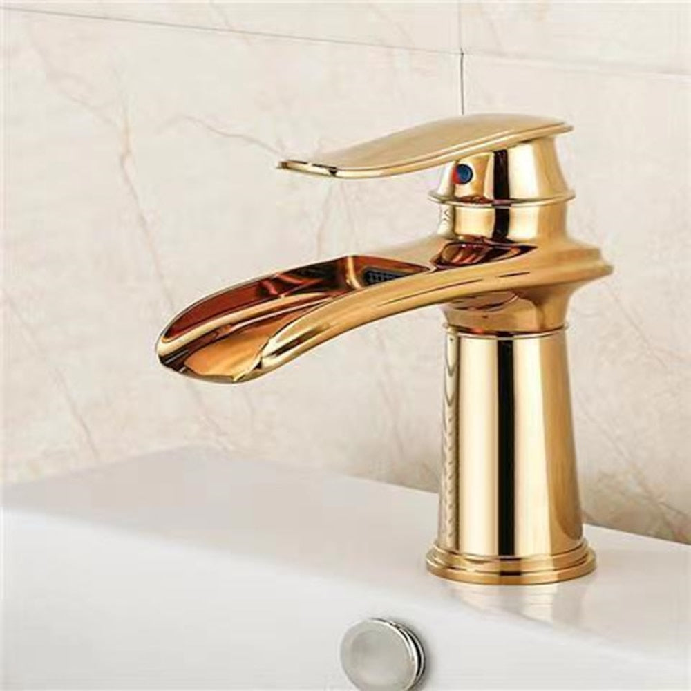 Waterfall Single-Hole Bathroom Faucet, Single-Handle Brass Faucet, Chrome / Matte Black / Brushed Nickel / Antique Brass / PVD