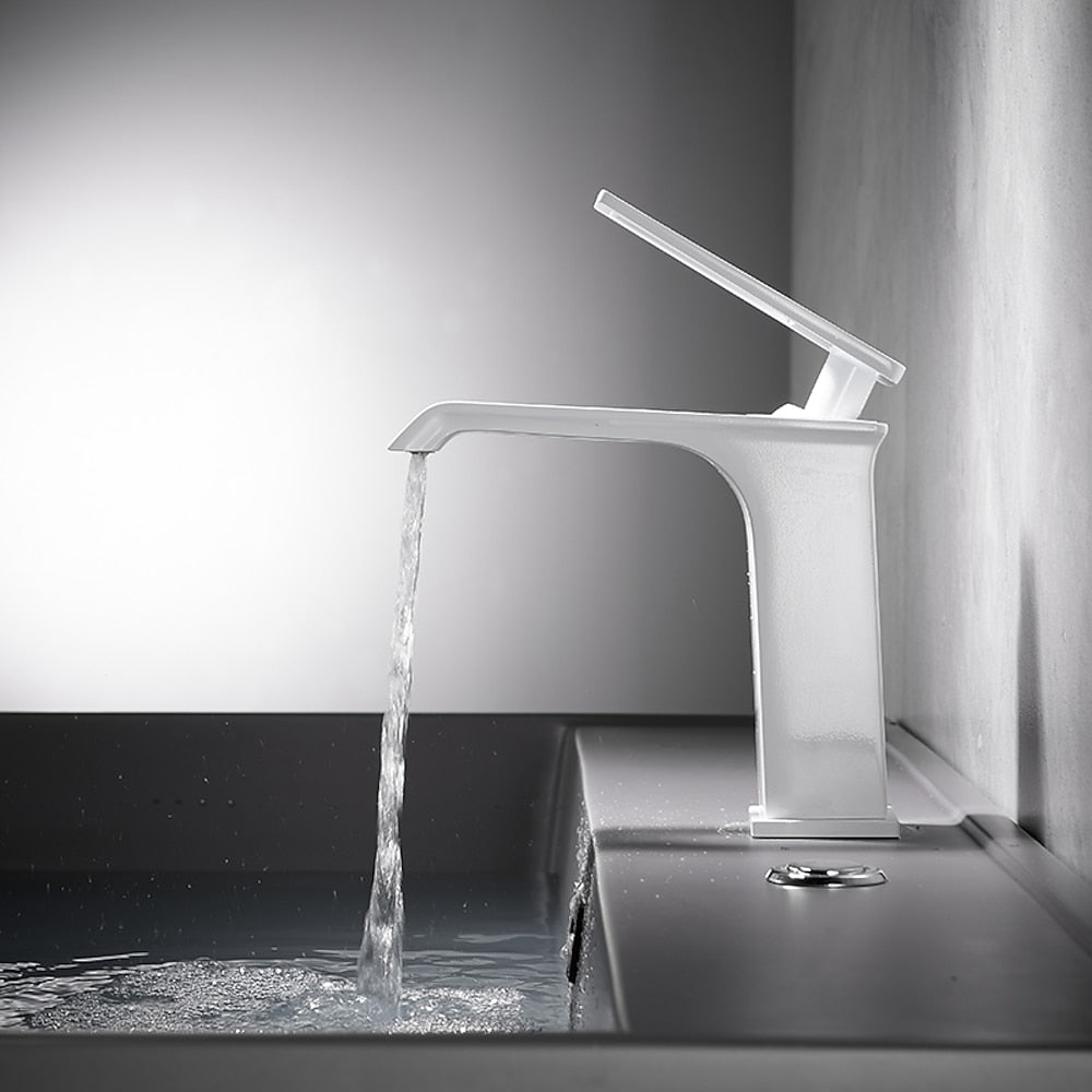 Modern Waterfall Bathroom Faucet, Single-Handle Brass Faucet, Brushed Gold / Chrome / Gunmetal / Matte Black / Matte White