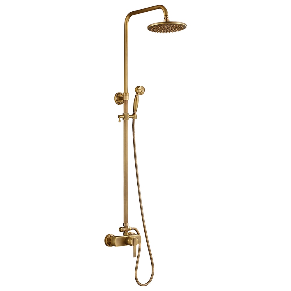 Antique Brass Wall-Mount Rainfall Shower System, Single-Handle Shower Faucet Set with Handheld Shower