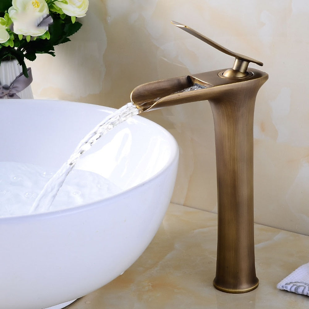 Waterfall Modern Brass Vessel Sink Faucet, Single-Handle Tall Faucet