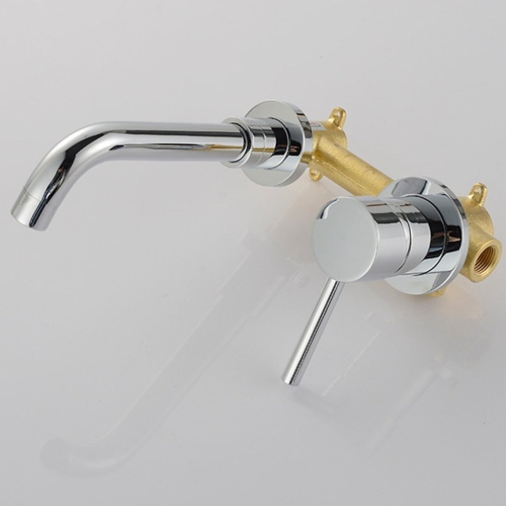 Rotatable Spout Wall-Mount Bathroom Faucet, Single-Handle Brass Basin Tap, Chrome / Matte Black / Brushed Gold