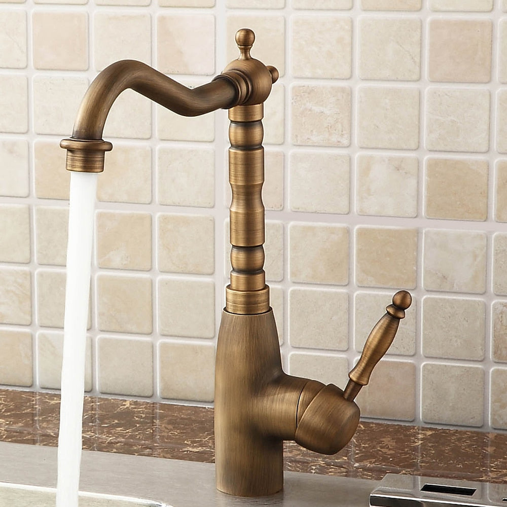 Traditional Antique Brass Kitchen Faucet, Single-Handle Swivel Spout Faucet
