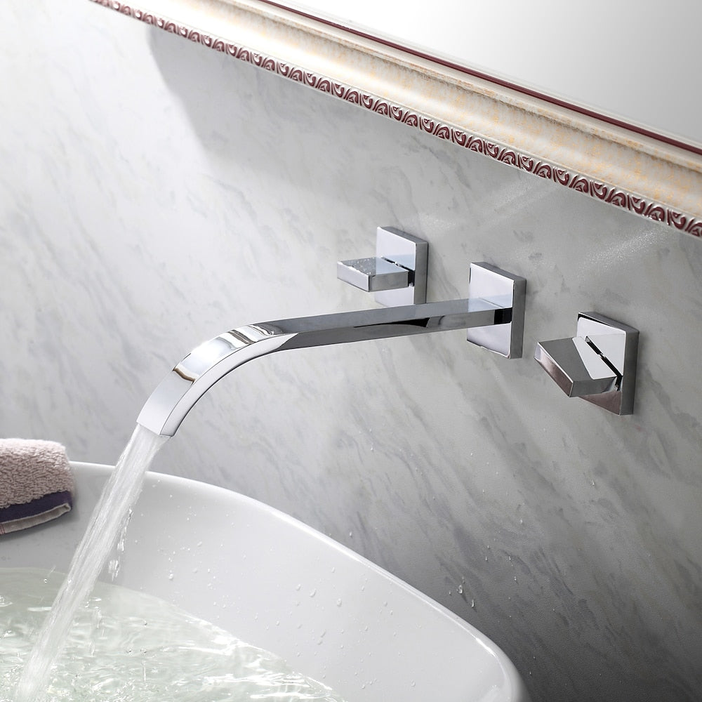 Chrome Modern Waterfall Bathroom Faucet, Wall-Mount 3-Hole Dual-Handle Faucet