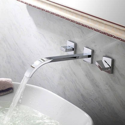 Chrome Modern Waterfall Bathroom Faucet, Wall-Mount 3-Hole Dual-Handle Faucet