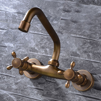 Retro Wall-Mount Antique Brass Bathroom Faucet, Double Cross Handle Swivel Spout Brass Utility Faucet