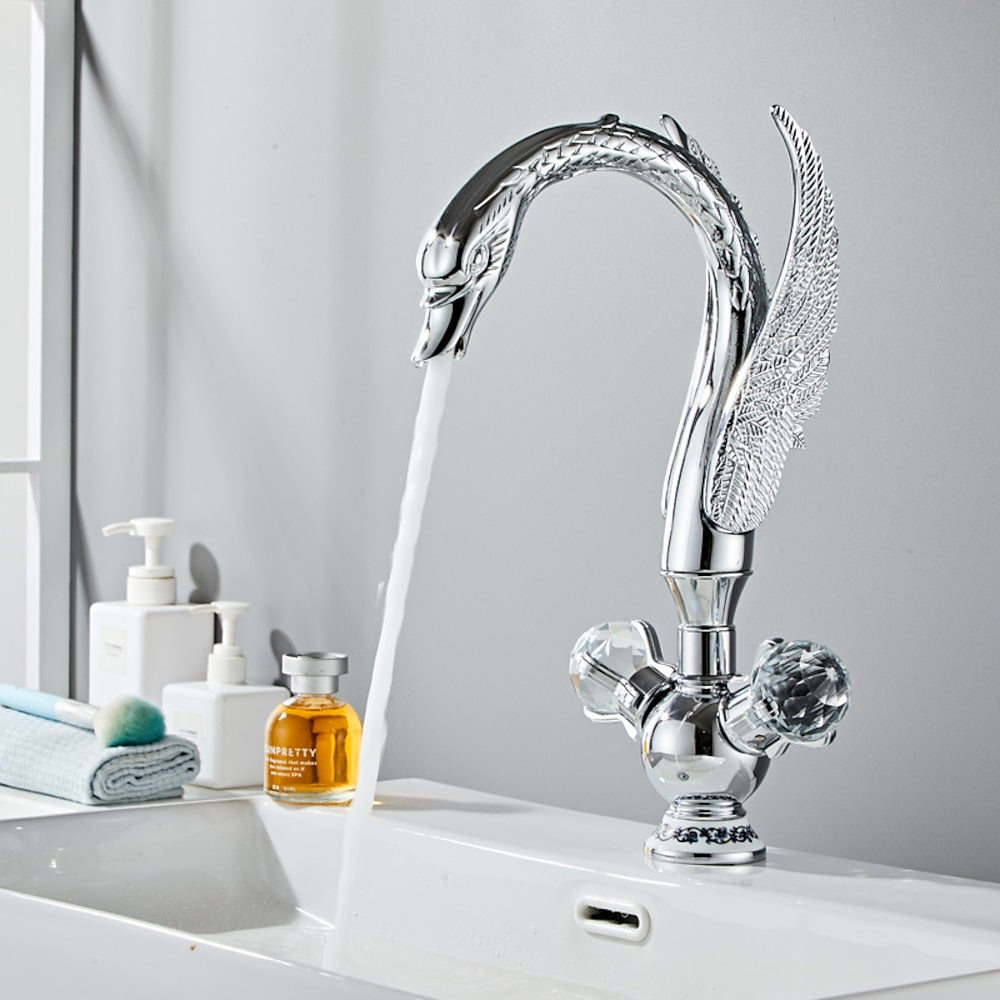 Swan-Shaped Waterfall Bathroom Faucet, Single-Hole Dual-Handle Deck Mount Faucet with Crystal Knobs, Chrome / Polished Gold