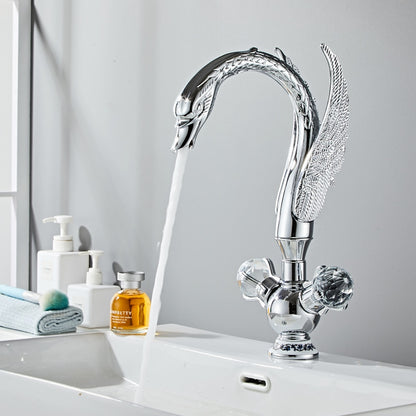 Swan-Shaped Waterfall Bathroom Faucet, Single-Hole Dual-Handle Deck Mount Faucet with Crystal Knobs, Chrome / Polished Gold
