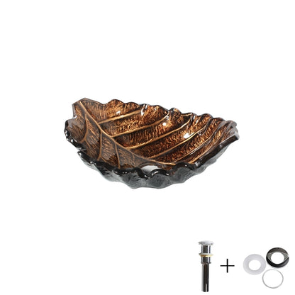 Antique Brass Single-Handle Waterfall Faucet, Leaf-Shaped Tempered Glass Vessel Sink Set with Pop-Up Drain