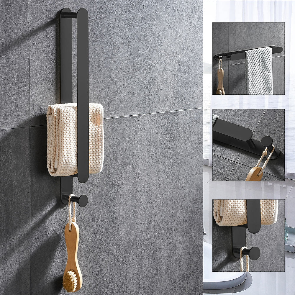 Modern Wall-Mounted Stainless Steel Towel Bar, Self-Adhesive Towel Rack with Integrated Hook, Matte Black / Chrome / Brushed Nickel / Brushed Gold