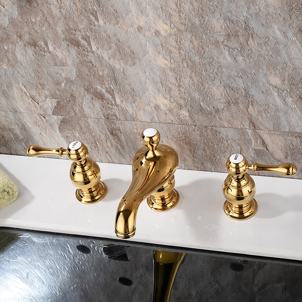 Polished Gold Vintage Widespread Bathroom Faucet, Dual-Handle Brass Sink Faucet