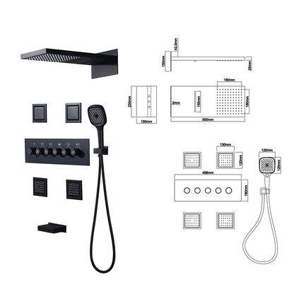 Matte Black Thermostatic Waterfall Rainfall Contemporary Shower System, Wall-Mount 5-Function Brass Faucet with Handheld Shower