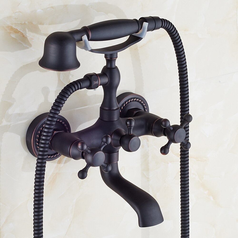 Vintage Wall-Mount Tub Faucet, Double-Handle Brass Bathtub Faucet with Telephone- Handheld Shower, Antique Brass / Matte Black