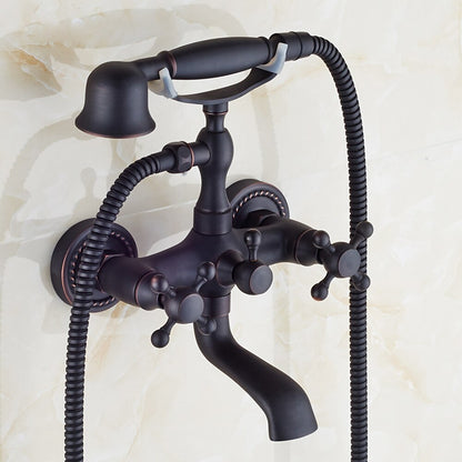 Vintage Wall-Mount Tub Faucet, Double-Handle Brass Bathtub Faucet with Telephone- Handheld Shower, Antique Brass / Matte Black