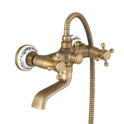 Vintage Brass Wall-Mount Tub Filler Faucet, Dual-Handle Tub Faucet with Handheld Shower, Antique Brass / Oil-Rubbed Bronze