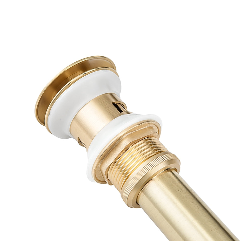 Brushed Gold Modern Brass Pop-Up Bathroom Sink Drain Stopper, Vessel Vanity Basin Drain with Overflow