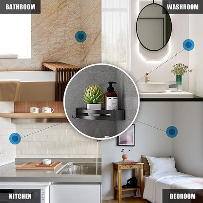 Modern Space Aluminum Wall-Mount Corner Shower Shelf, Triangle Single-Layer Shower Caddy with Hooks, Matte Black / Stainless Steel