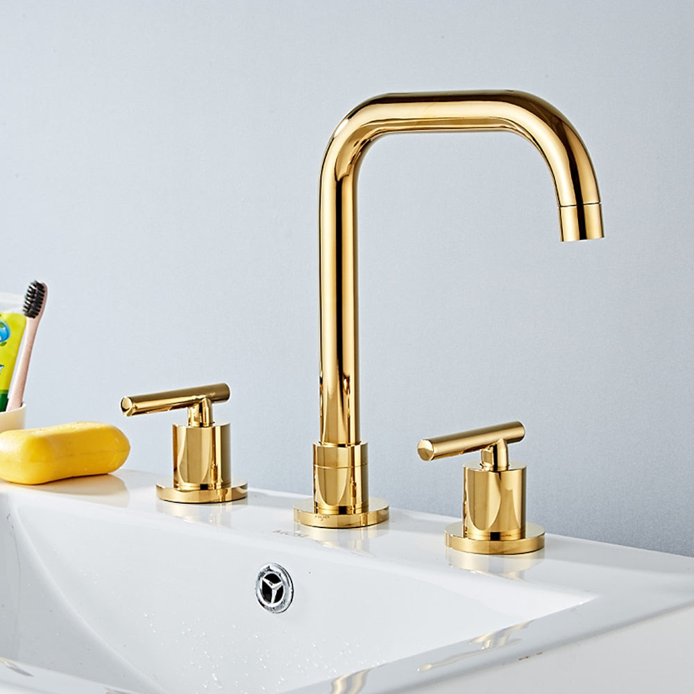 360-Degree Swivel Widespread Bathroom Faucet, Double Lever Handle Brass Basin Faucet, Polished Gold / Chrome